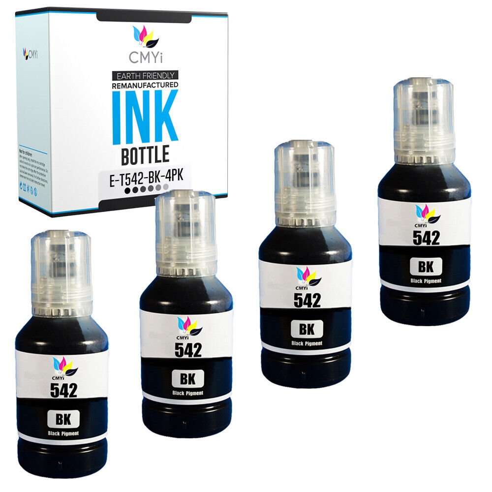 4PK Black 542 Ink Bottle Replacement for Epson T542 Fits EcoTank Pro ET16600