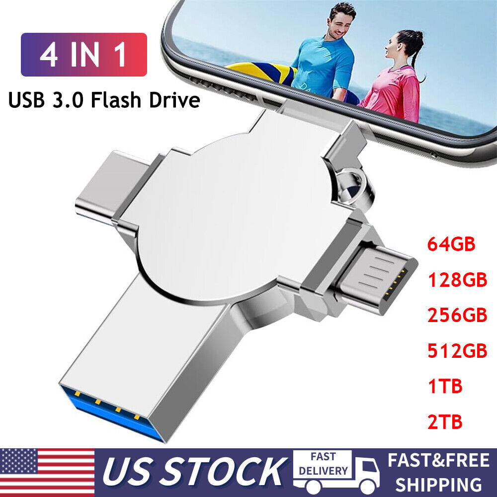1TB 2TB USB Flash Drive Memory Photo Sticks Type C For iPhone 128/256/512GB 4in1