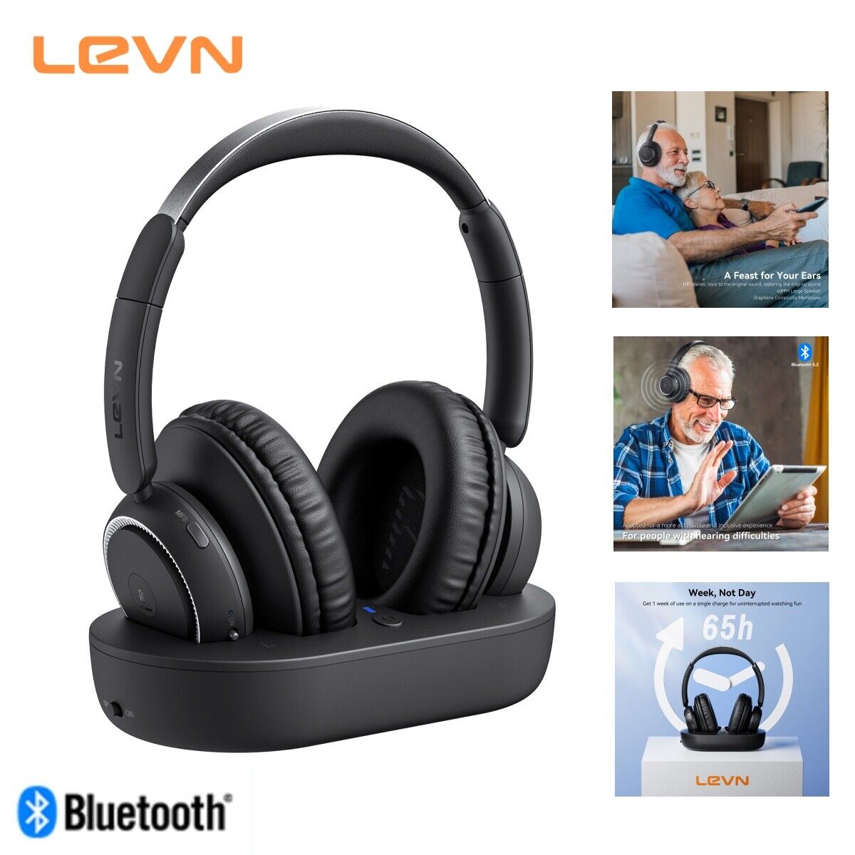 LEVN Bluetooth Wireless Headphones For TV, With TV Transmitter Charging Base