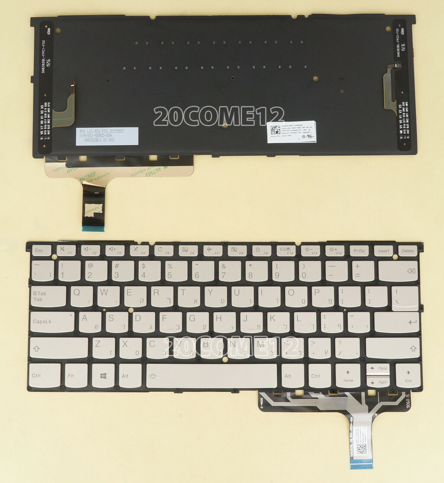 For Lenovo ideapad S940-14IIL S940-14IWL Keyboard Backlit Hebrew Israel Silver