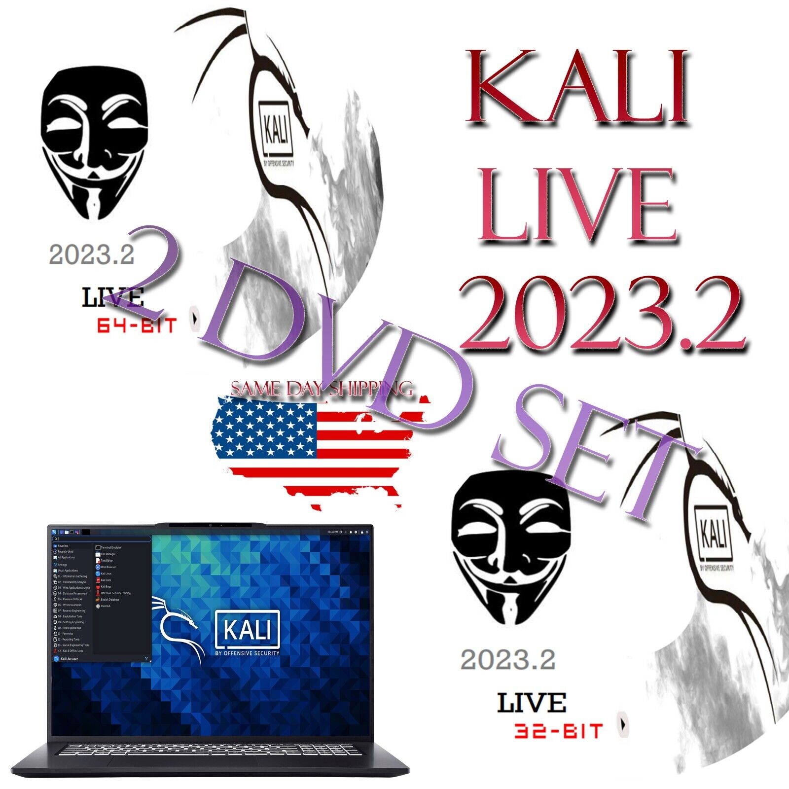 Kali Linux Live 2024.1 64-bit and 32-bit Live DVD Set - Same Day Shipping USA