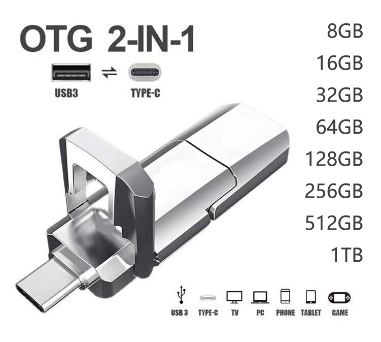 Metal 2TB 1TB 256/512GB USB 3.0 Type C Flash Drive Memory Stick For Android PC
