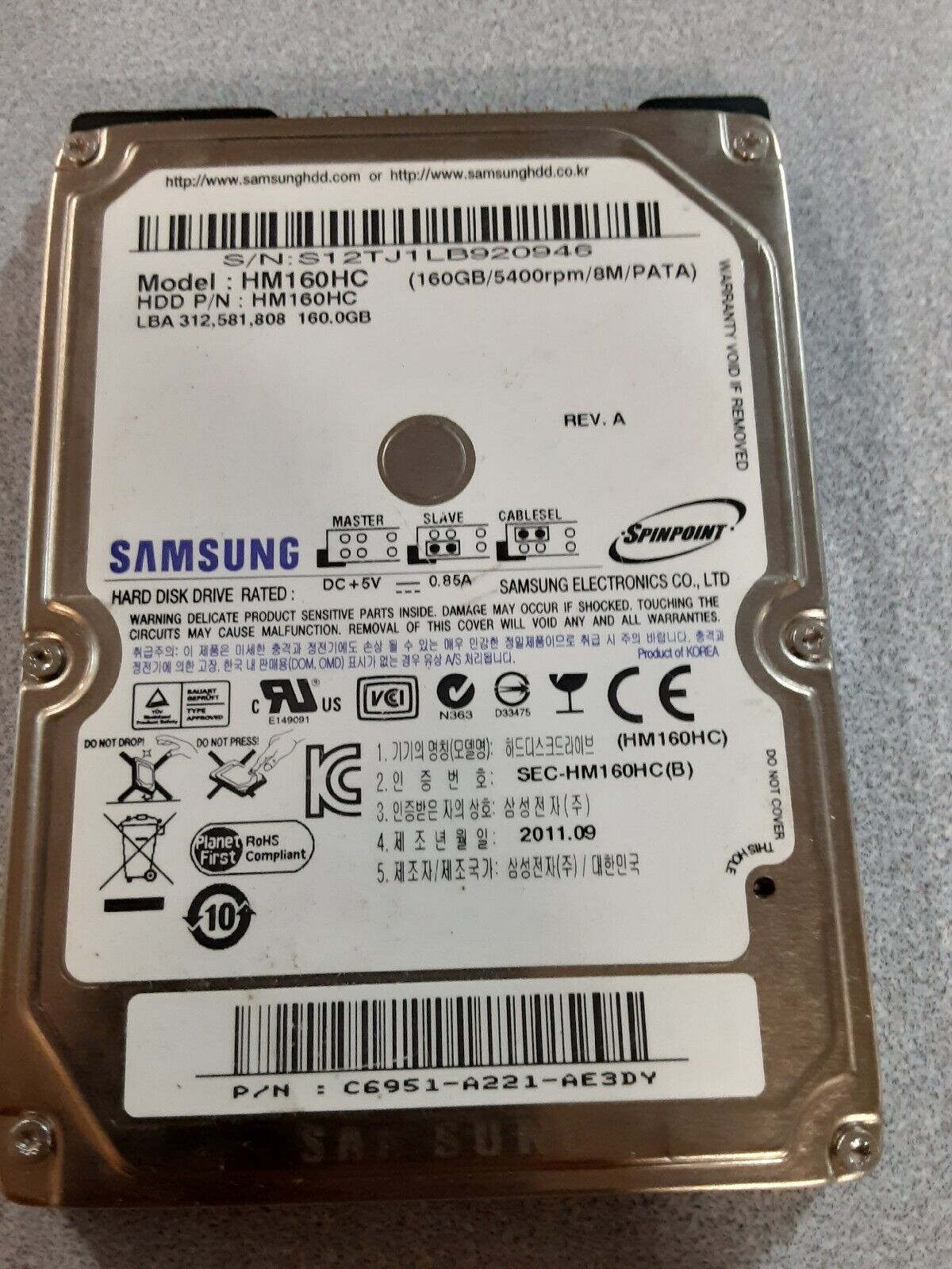 SAMSUNG HM160HC 160GB 2.5 inch 9.5mm IDE 44pin Hard Drive Pre-Owned 