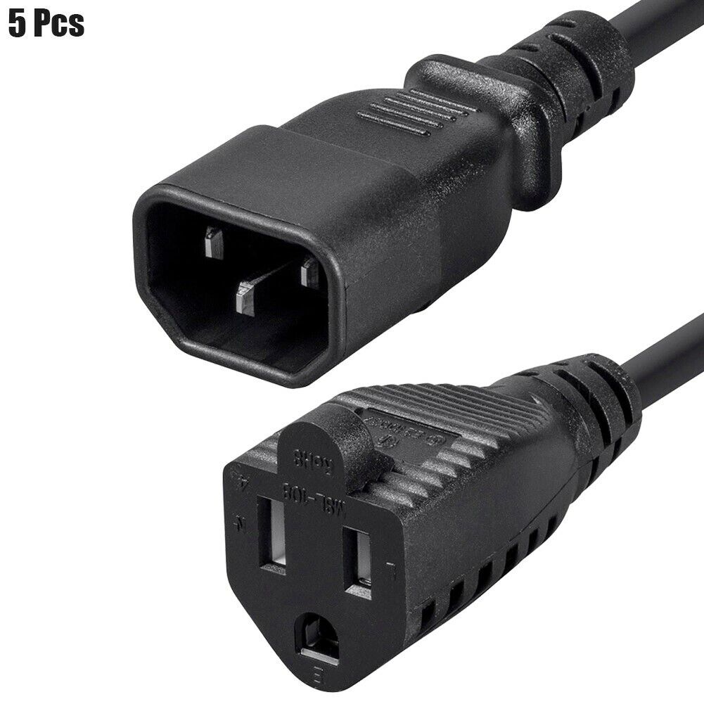 5 Pcs 1FT 18/3 Power Cord Cable IEC 60320 C14 to NEMA 5-15R 18AWG 3-Prong Black
