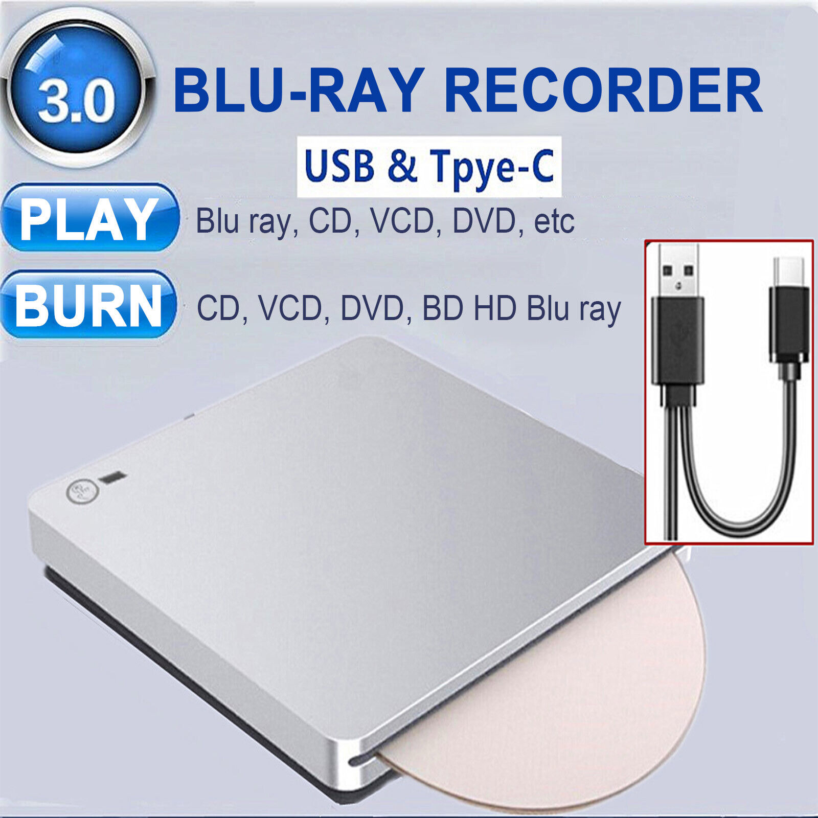6X Genuine Bluray Burner External USB 3.0 Super Slim DVD BD Recorder Drive