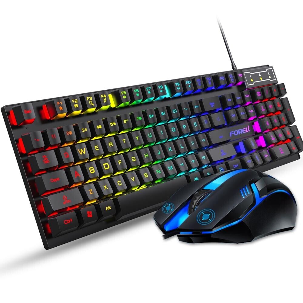 Rainbow RGB Full Size Backlit US Keyboard Mouse Combo Set Wired Gaming Office