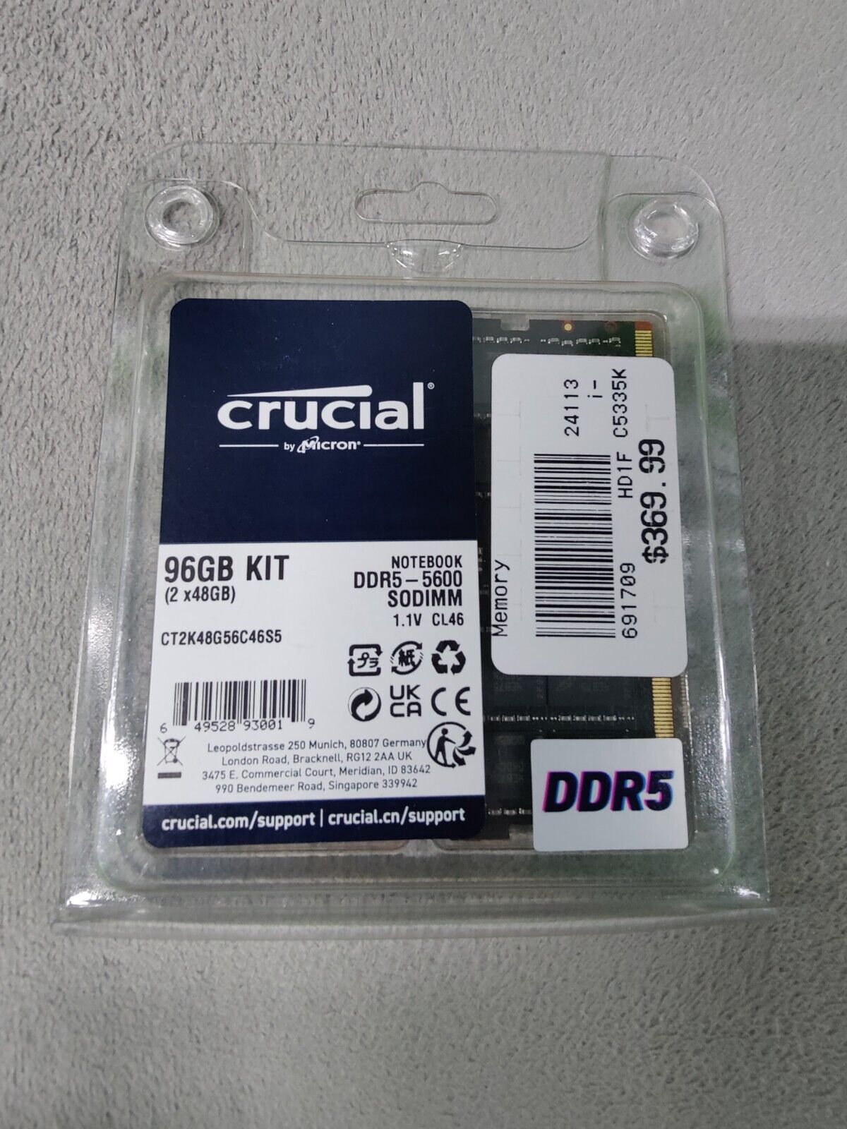 Crucial DDR5 Classic 96GB (2 x 48GB) 262-Pin DDR5 SO-DIMM DDR5 5600 (PC5 44800)