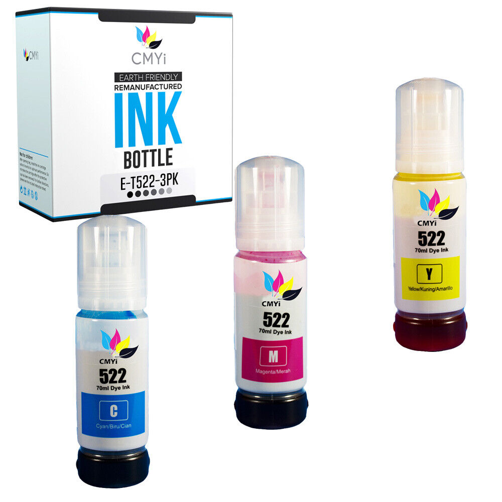 3PK Color Ink Bottles for Epson T522 522 Cyan Magenta Yellow Fits EcoTank ET4800