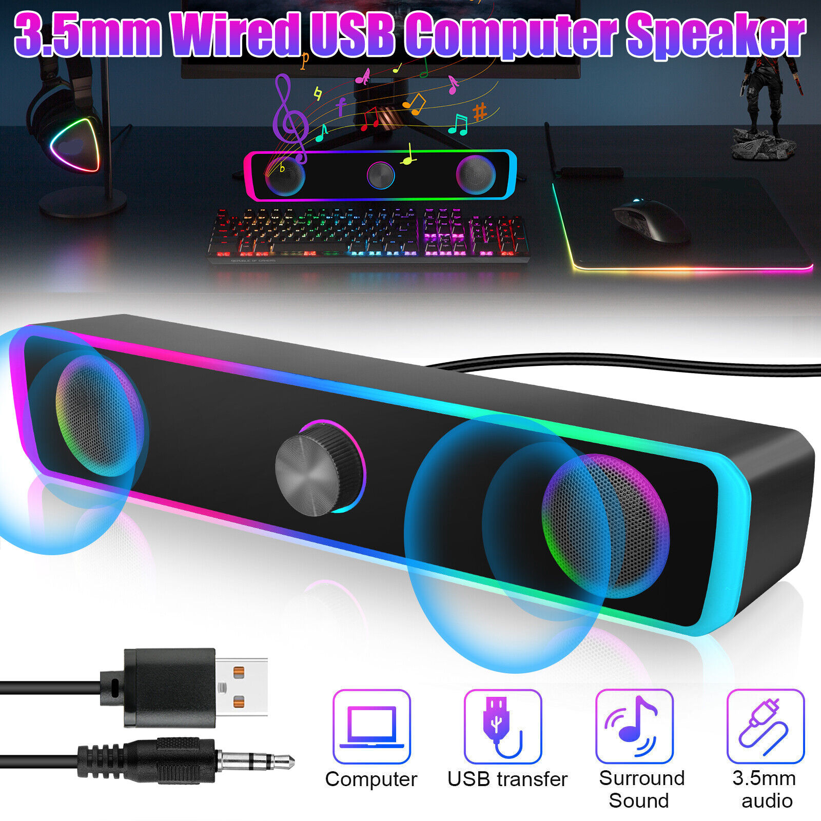 Wired Computer Speakers Soundbar Stereo Bass Sound 3.5mm USB for Desktop Laptop