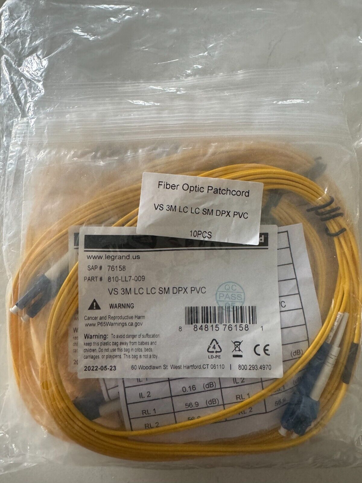 Singlemode Yellow 3 meter Fiber Optic Patch Cable LC-LC Duplex 10 pack