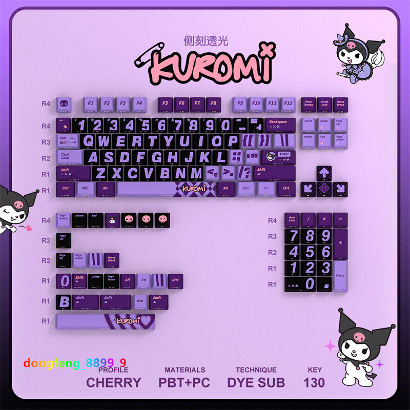 Kuromi Keycap Button PBT Cherry MX 130/151 Keys Sublimation Purple For Keyboards