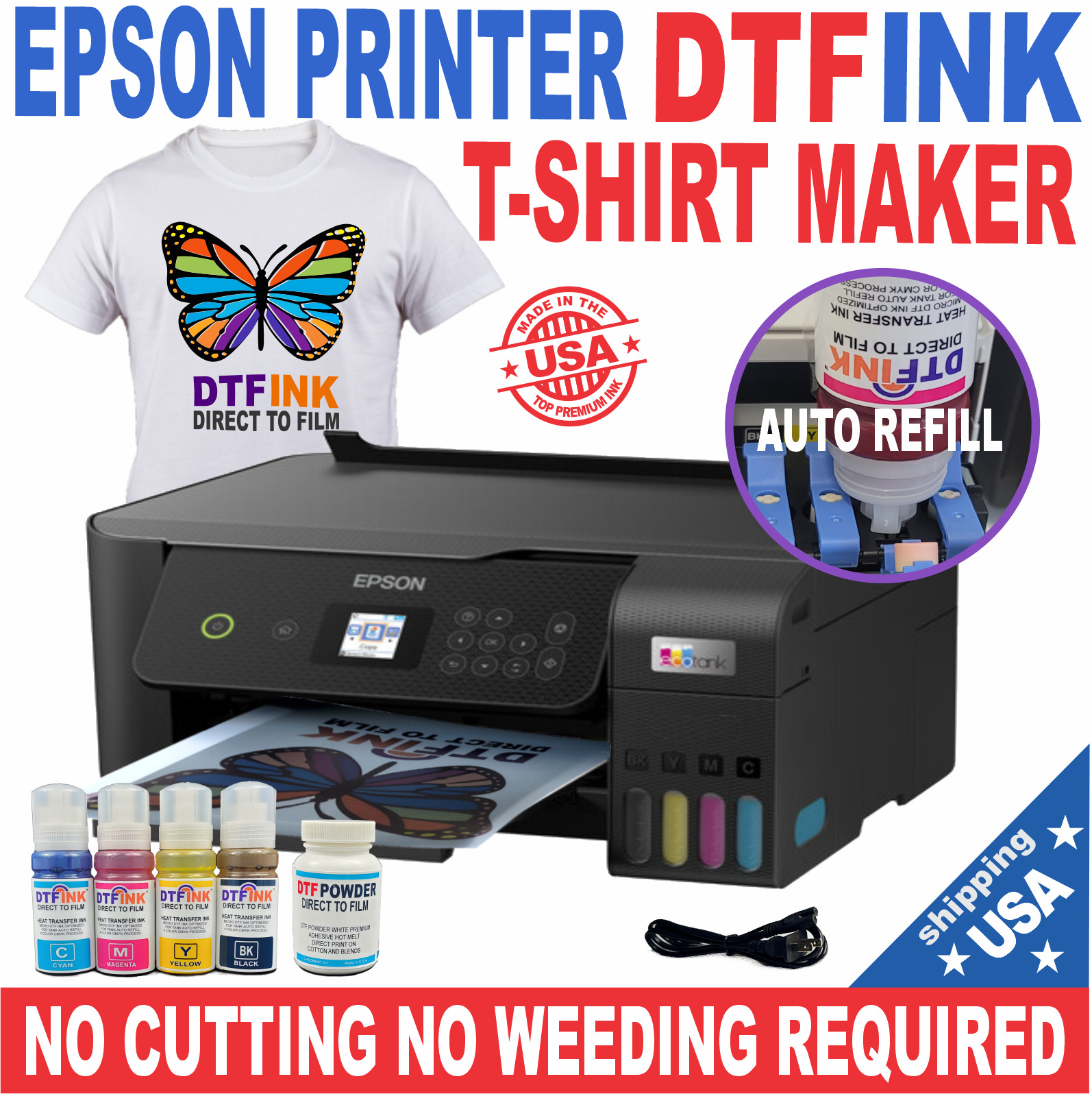 EPSON TANK PRINTER WITH DTF INK HEAT TRANSFER T-SHIRT PRINT NO CUT BUNDLE START