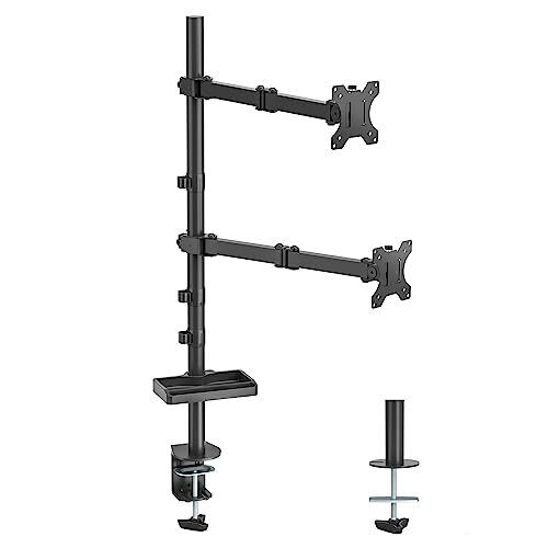 Dual Vertical Monitor Mount with Storage Tray, Stacked Monitor Stand Dual Arm
