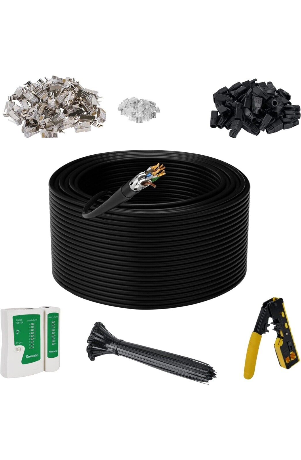 Cat 7 Outdoor Ethernet Bulk Cable 300 FT with Tool Kits,  10Gbps Heavy Shielded 
