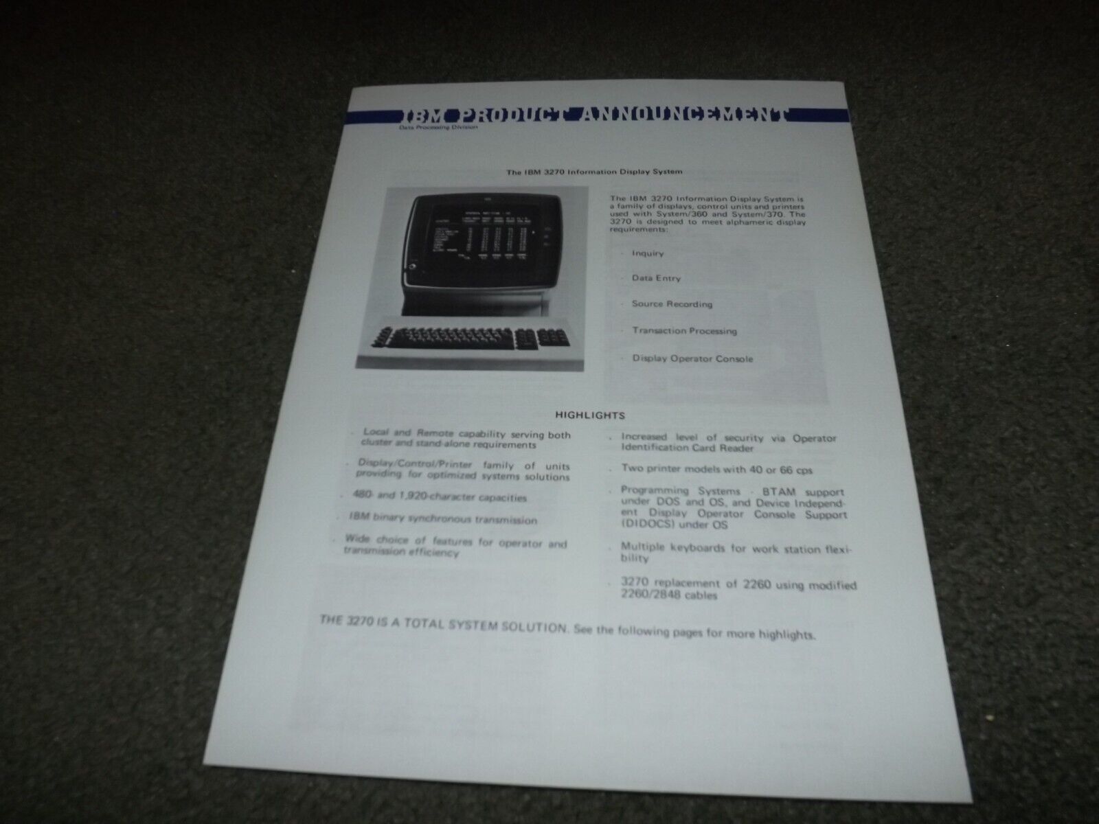The IBM 3270 Information Display System - 4 Page Product Announcement - May 1971