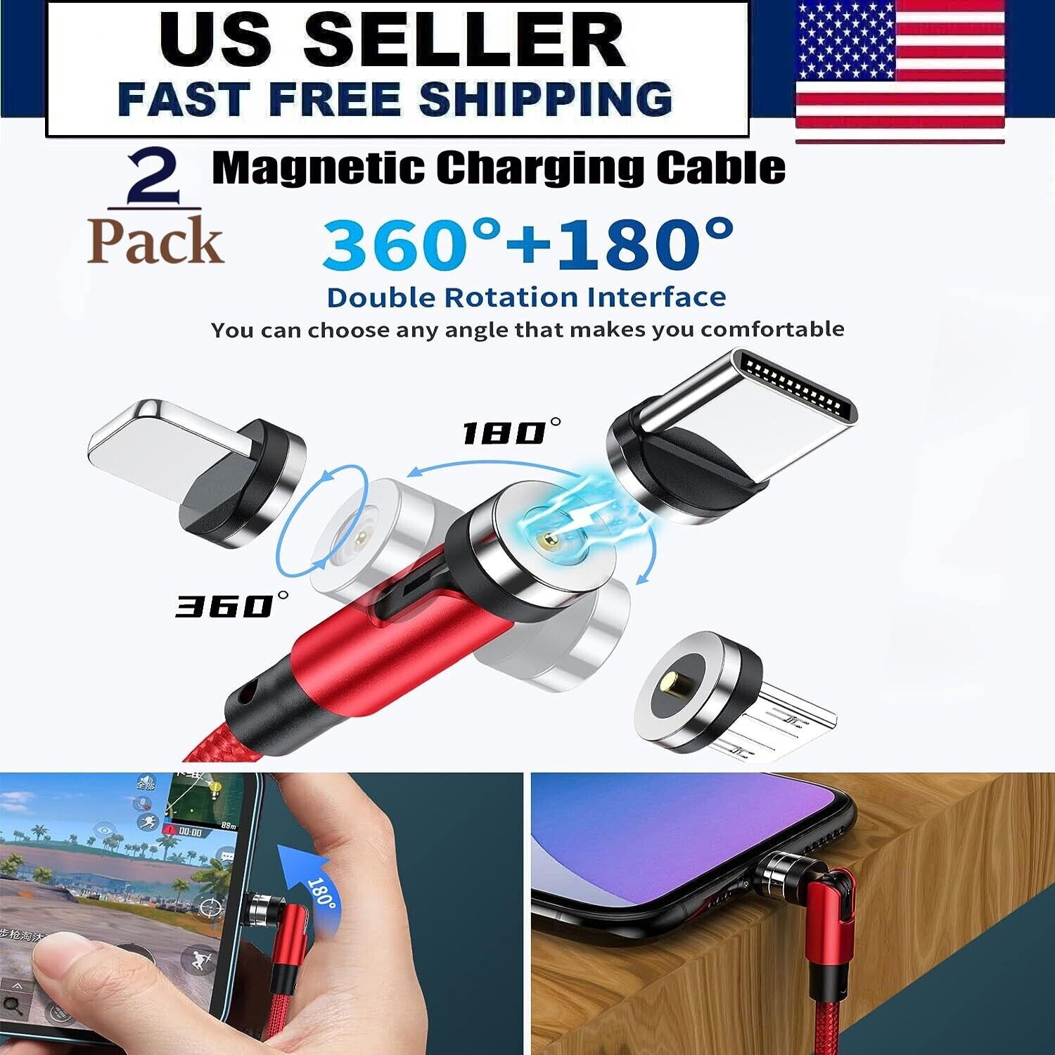 2 pcs Magnetic Charging Cable 180° +360° Rotation, LED Indicator, Universal US