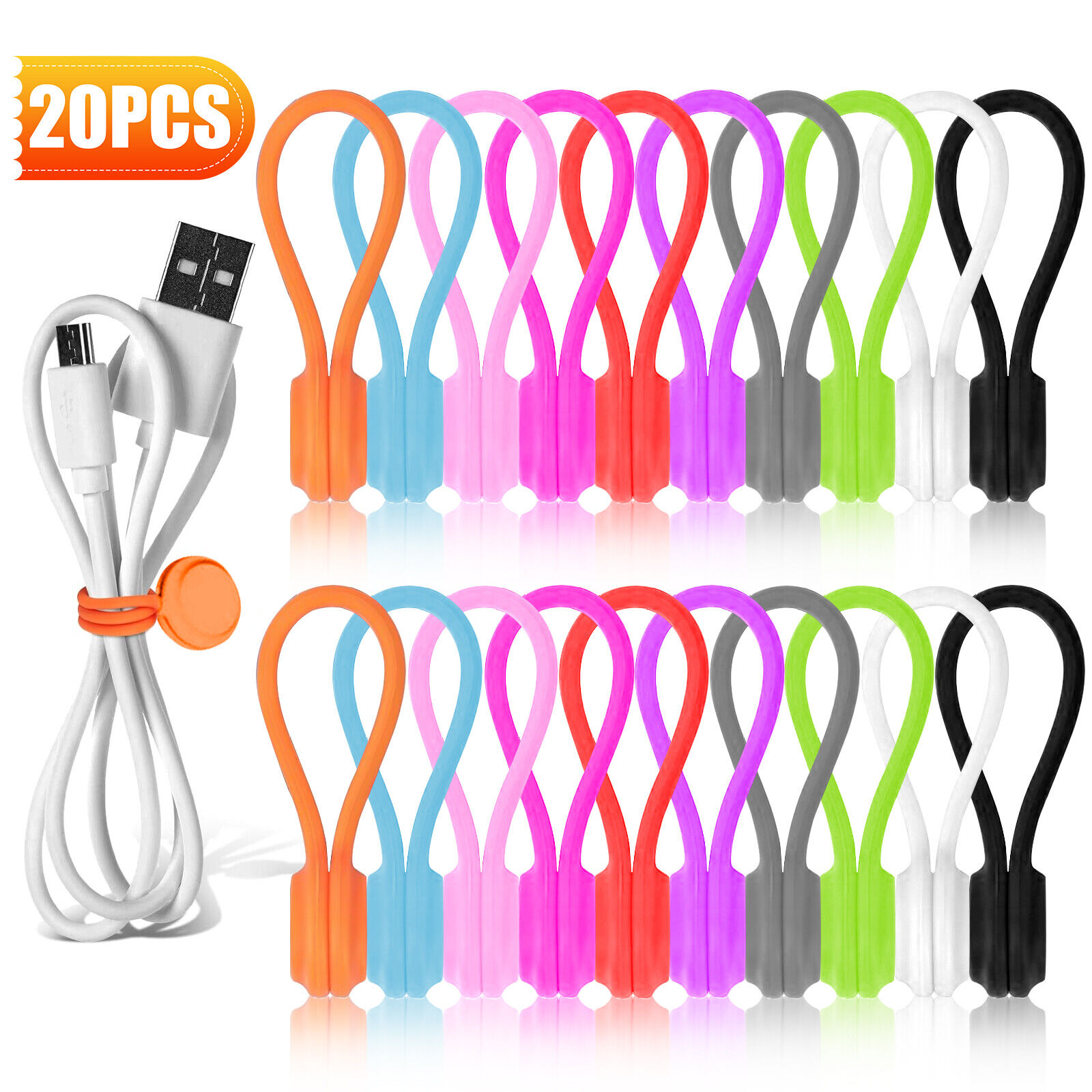 20Pcs Reusable Silicone Magnetic Cable Ties for Bundling Organizing 10 Colors