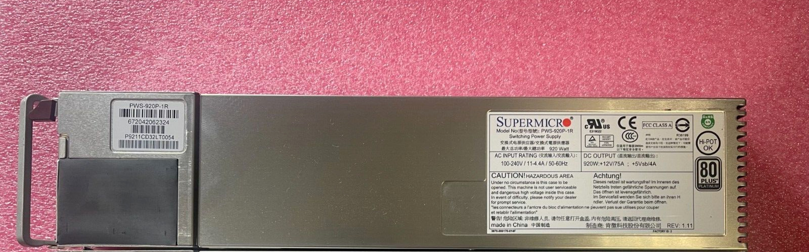 Supermicro PWS-920P-1R 920W 1U 11A 240V PSU 80 Plus Platinum