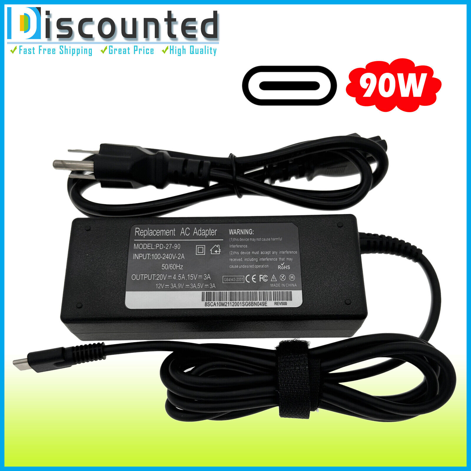 90W USB-C Adapter Charger For Dell Latitude 7300 7310 7330 7400 7430 7520 7530