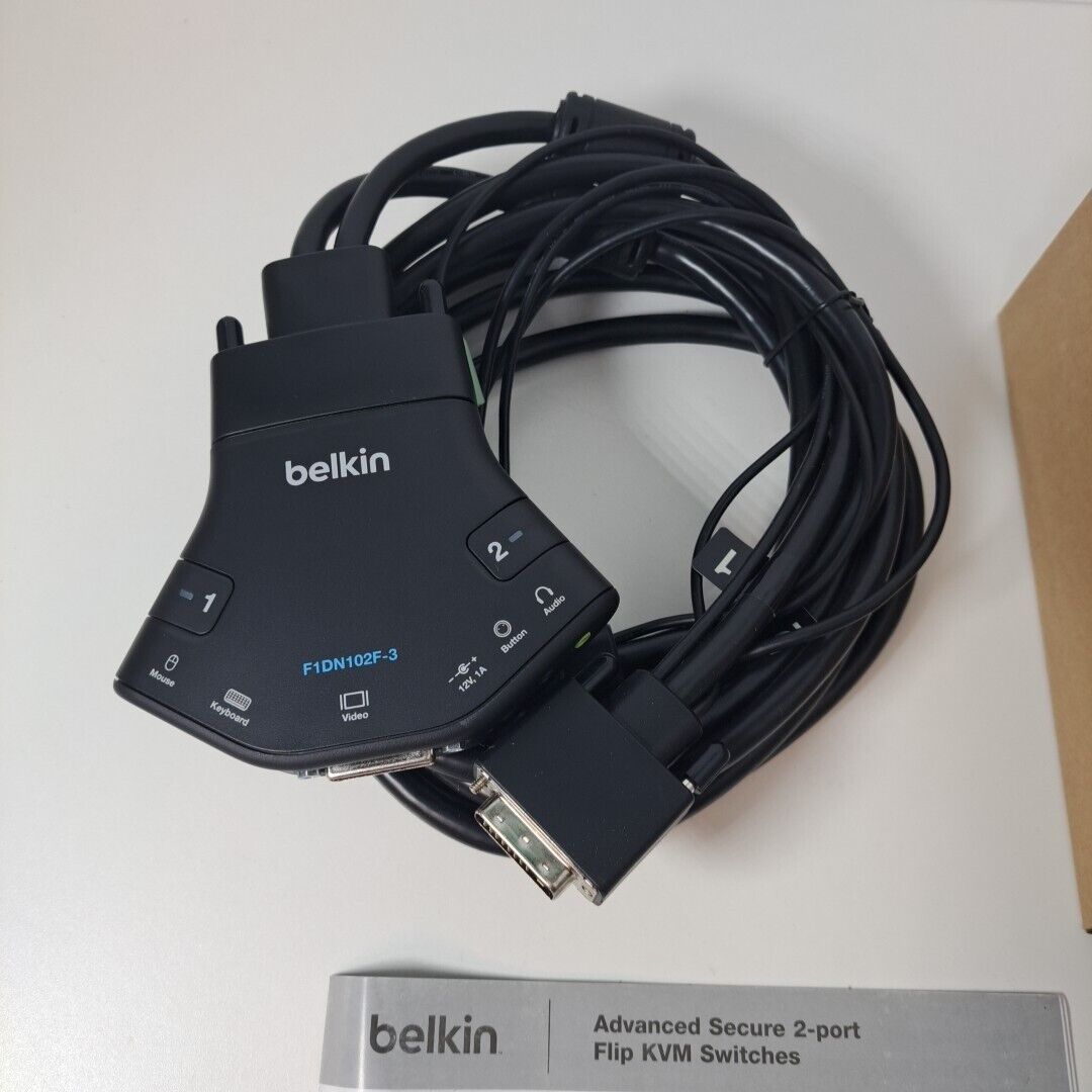 Open Box Belkin Secure Flip 2-Port DVI-D Single-Link KVM with Audio F1DN102F-3