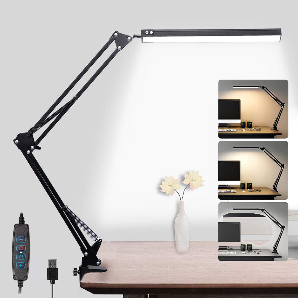 LED Adjustable Swing Arm Lamp, 3 Colors ModeArm Desk Light with Clamp, Reading