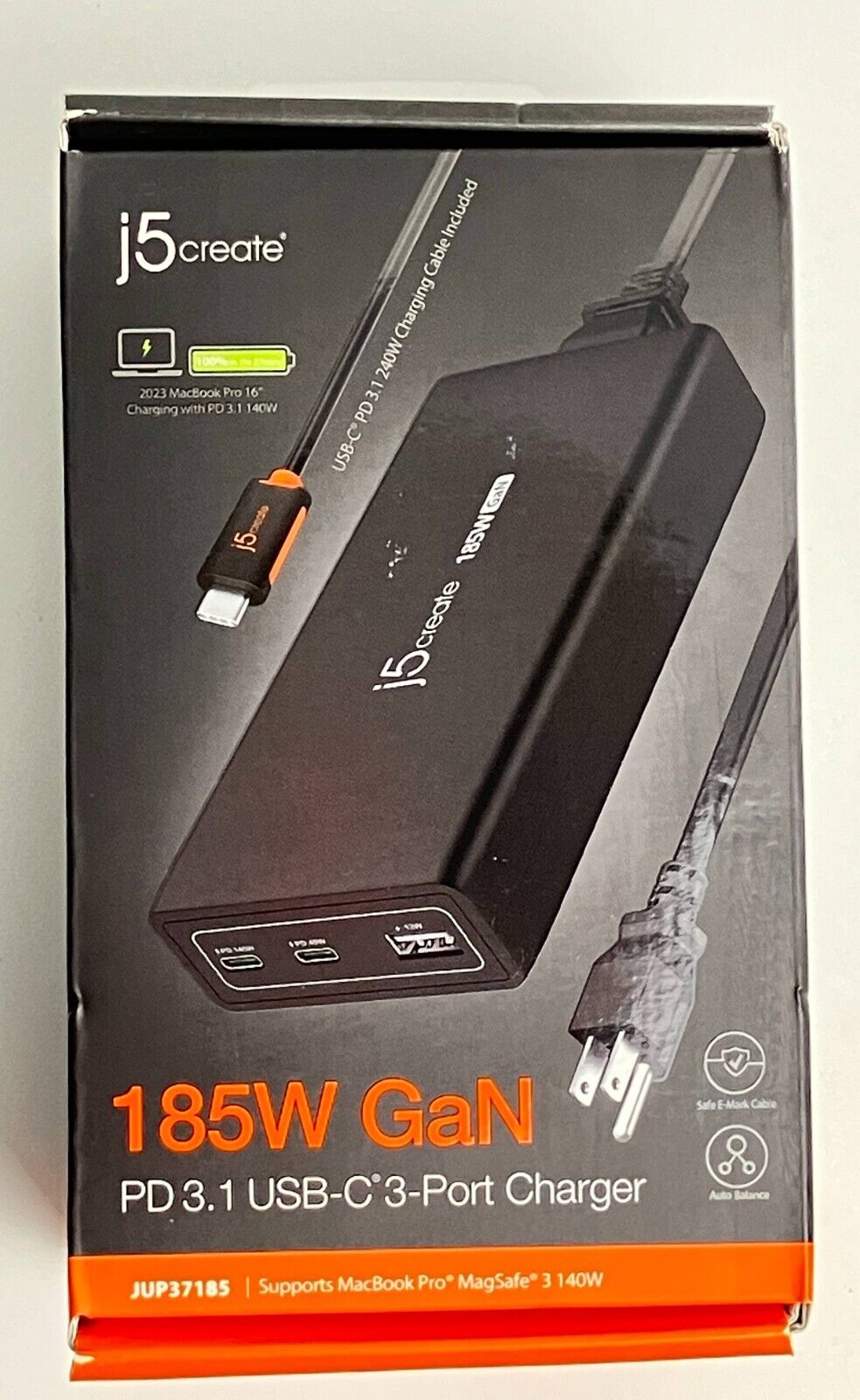 j5create 185W GaN PD3.1 USB-C 3-Port Super Charger Black JUP37185 NEW Sealed Box