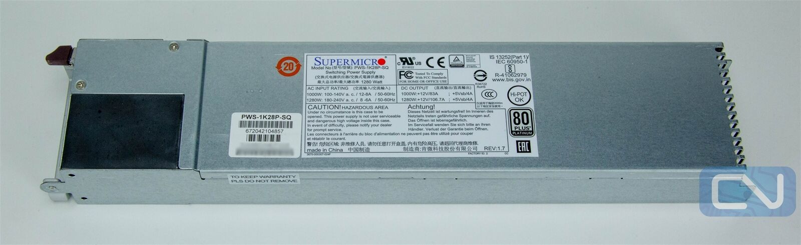 Supermicro PWS-1K28P-SQ 1280W 1U 80 Plus Platinum Redundant Power Supply
