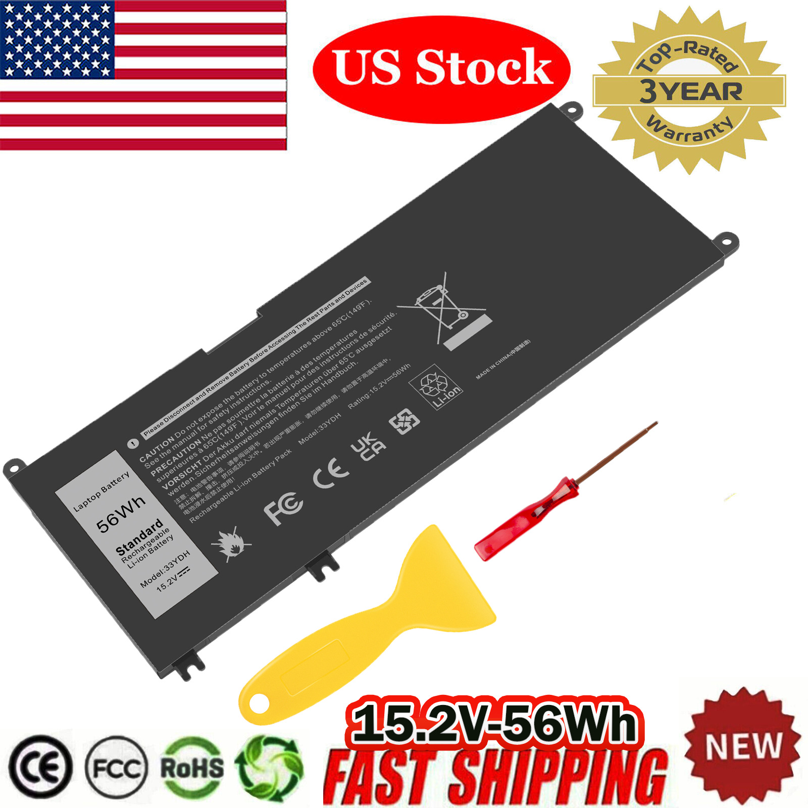 33YDH Battery for Dell Latitude 3380 3480 3490 3580 3590 Inspiron 7577 56Wh