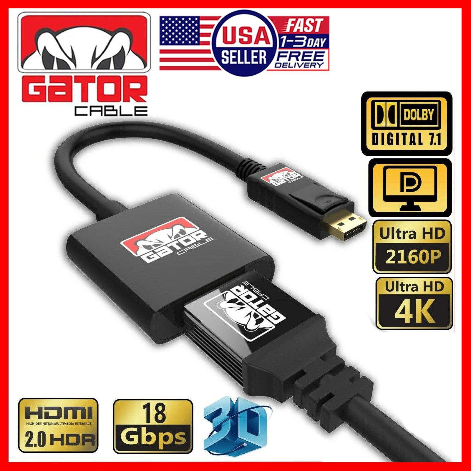 Display Port to HDMI Adapter Cable Audio Video PC Monitor 4K 1080P 60Hz 18Gbps