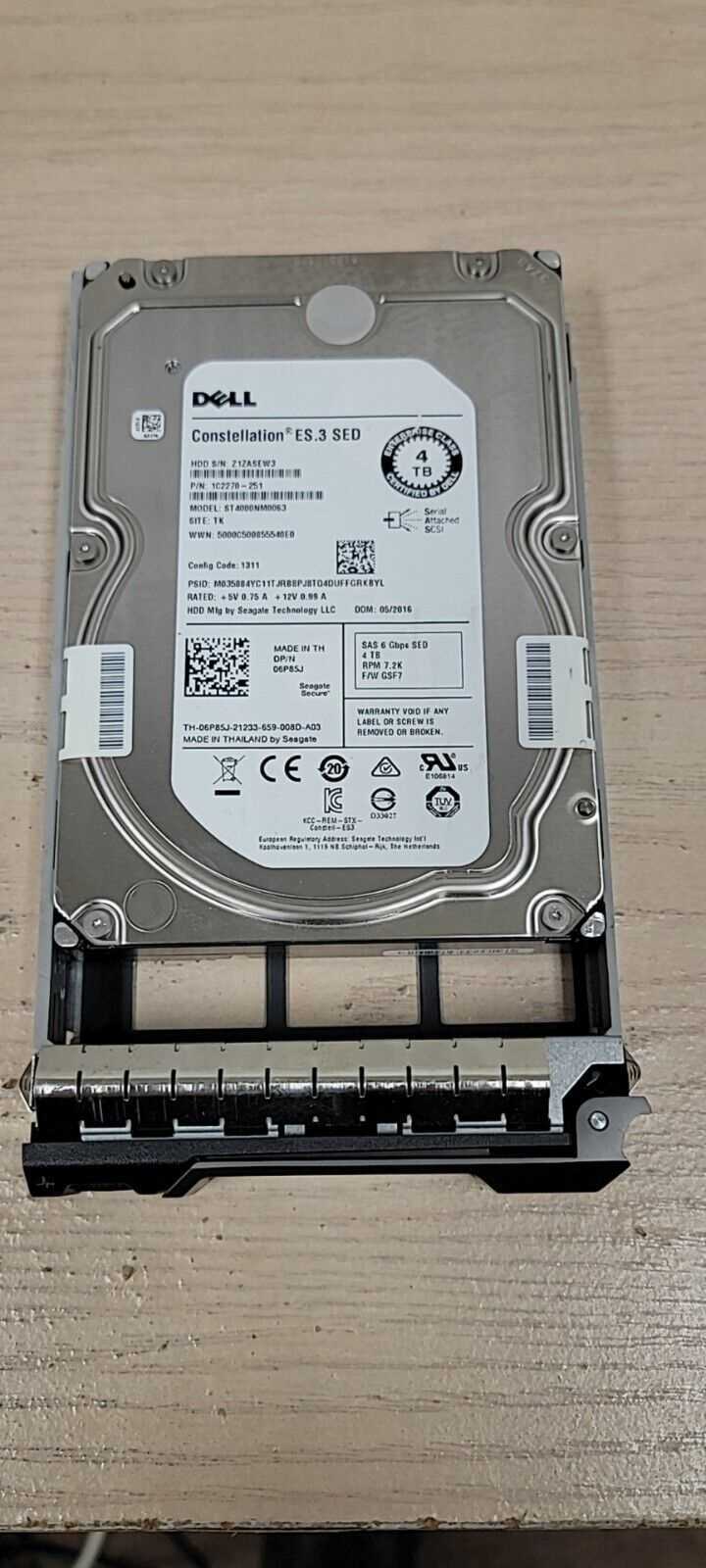Dell 6P85J 4TB ST4000NM0063 7.2k 6Gb/s 3.5” SAS SED Hard Drive with Tray