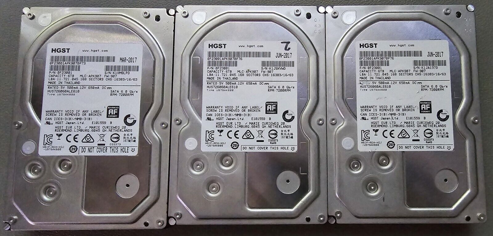 Lot of 3 x HGST 0F23001 6TB Internal 7200 RPM 3.5