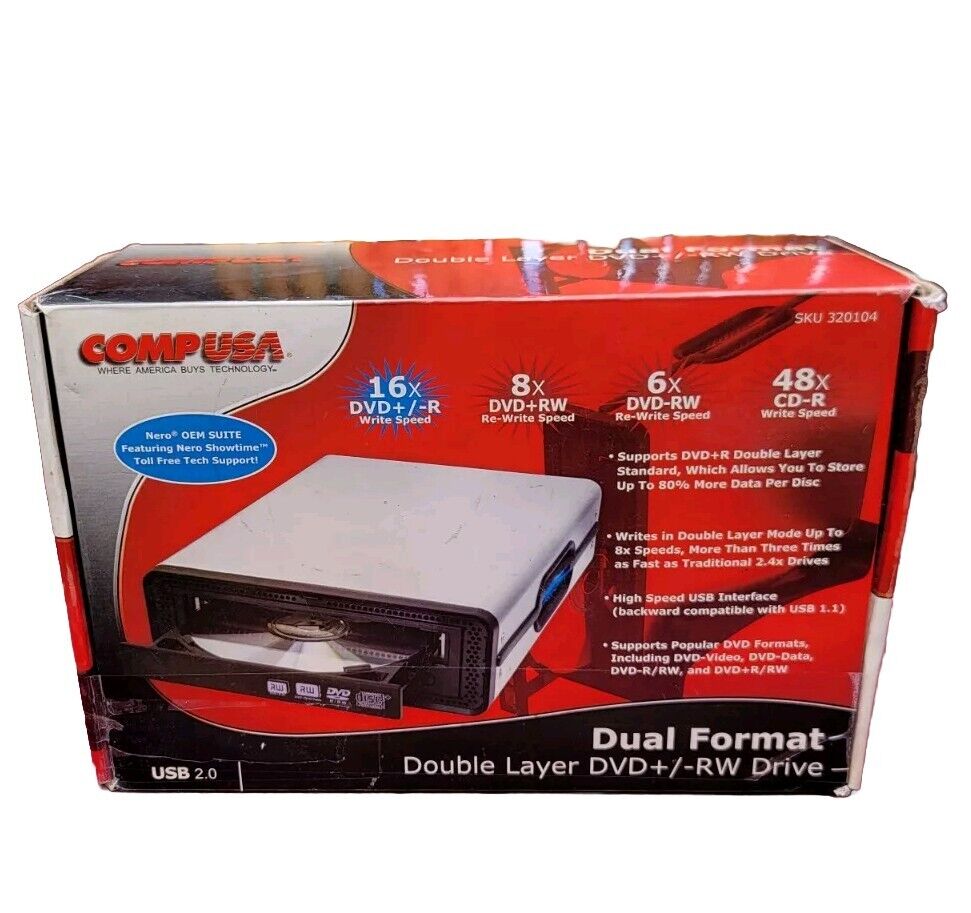 New In Box COMPUSA EXTERNAL Dual Format Double Layer DVD +/- RW USB 2.0 