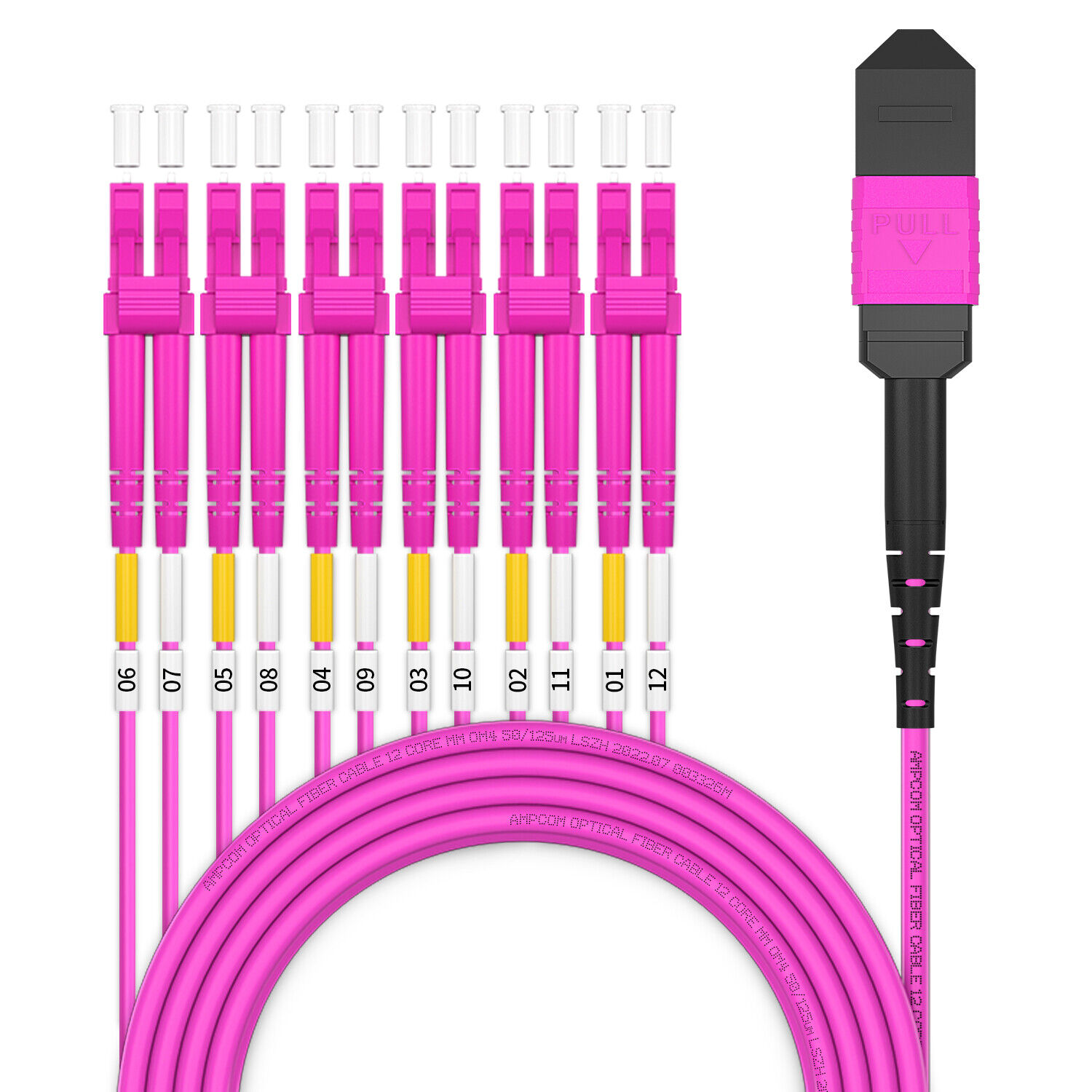 AMPCOM MPO to LC Breakout Cable 50/125μm 12 Fiber, Type B, LSZH/Riser, UPC