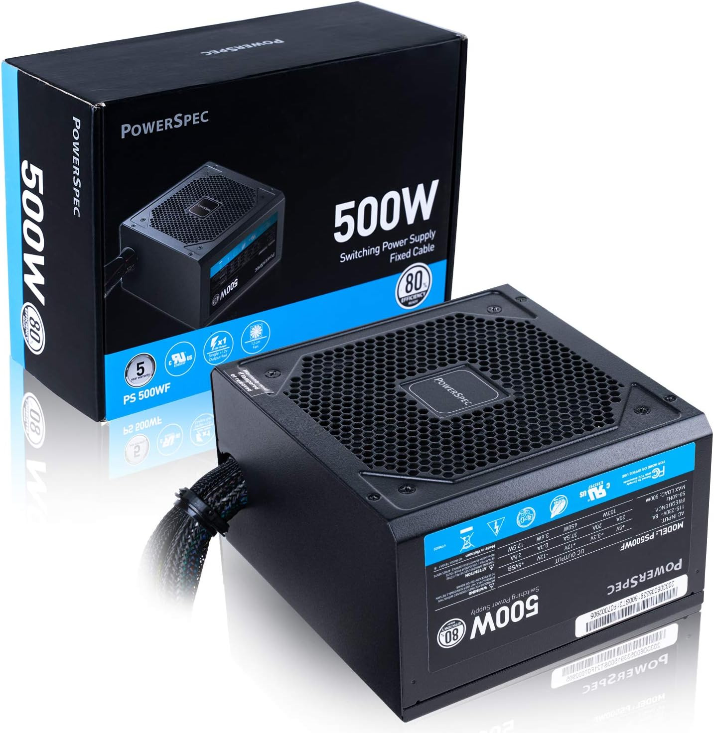 500W Power Supply 80 plus Certified Fixed Cable Non-Modular ATX PSU Active PFC S