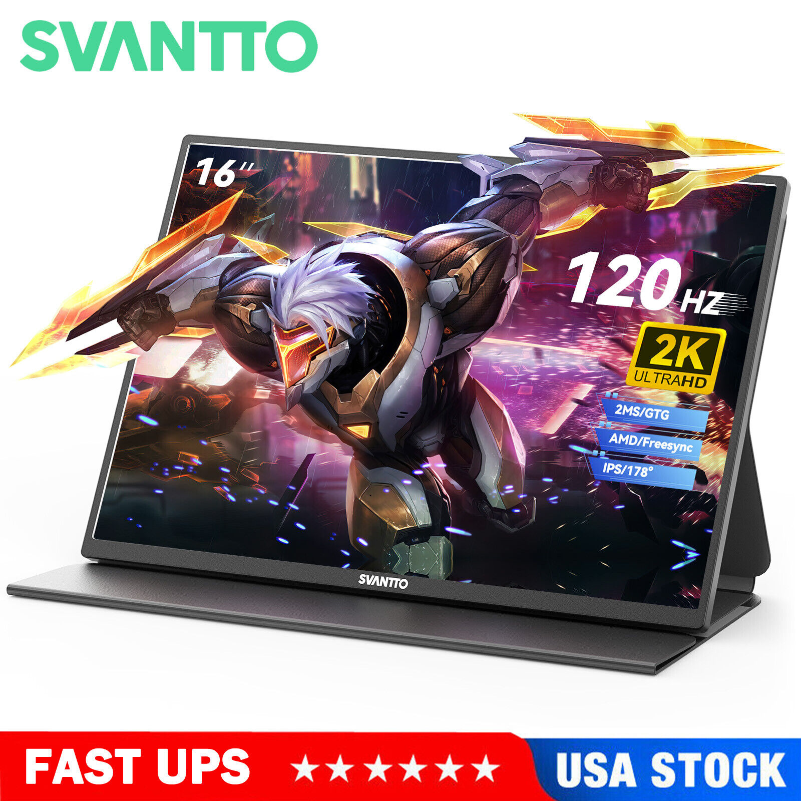 SVANTTO 16” 2K Portable Monitor 120Hz Type C VESA Gaming Monitor For Laptop PS
