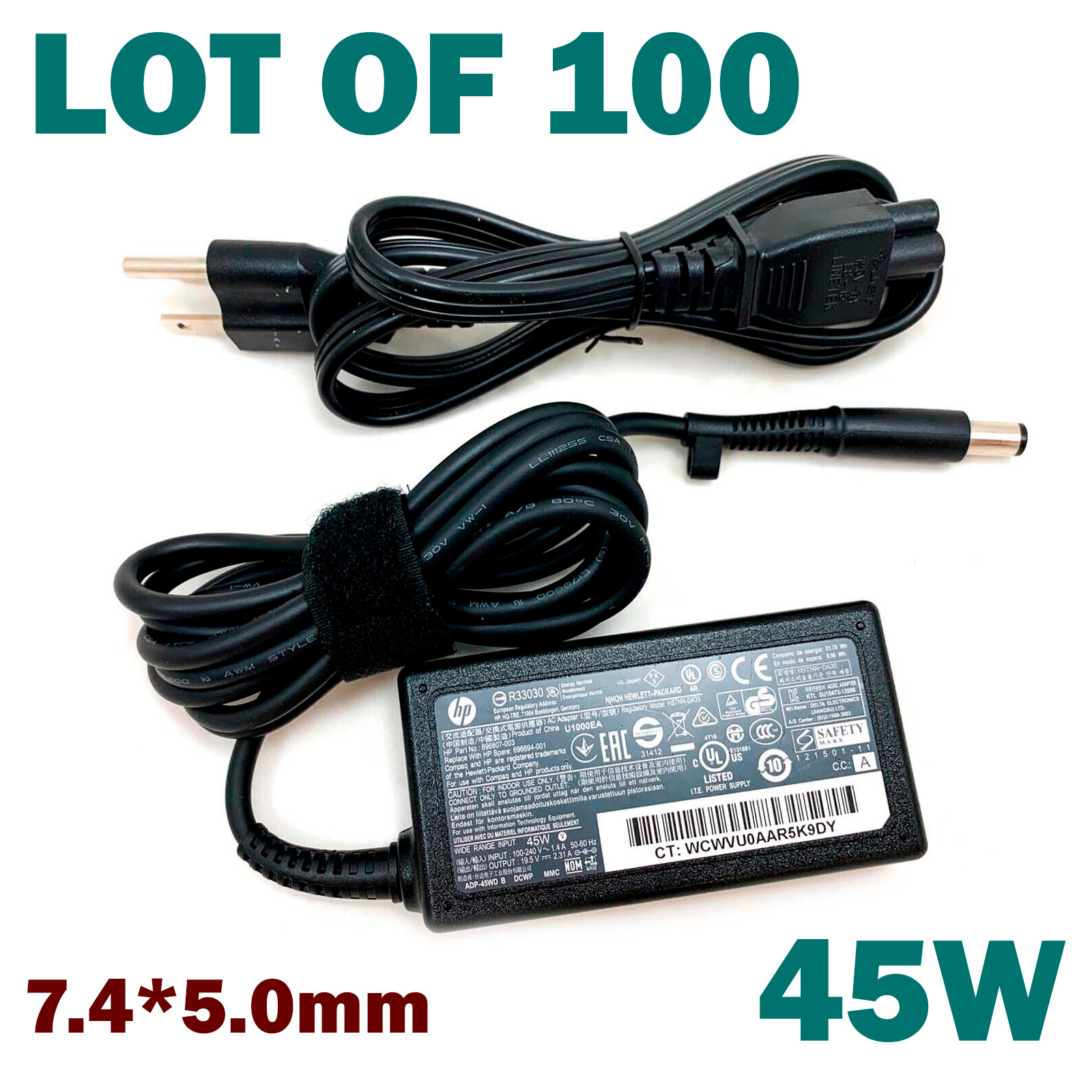 Lot of 100 Genuine 45W HP AC Power Supply Adapter 19.5V 2.31A 7.4*5.0mm & Cord