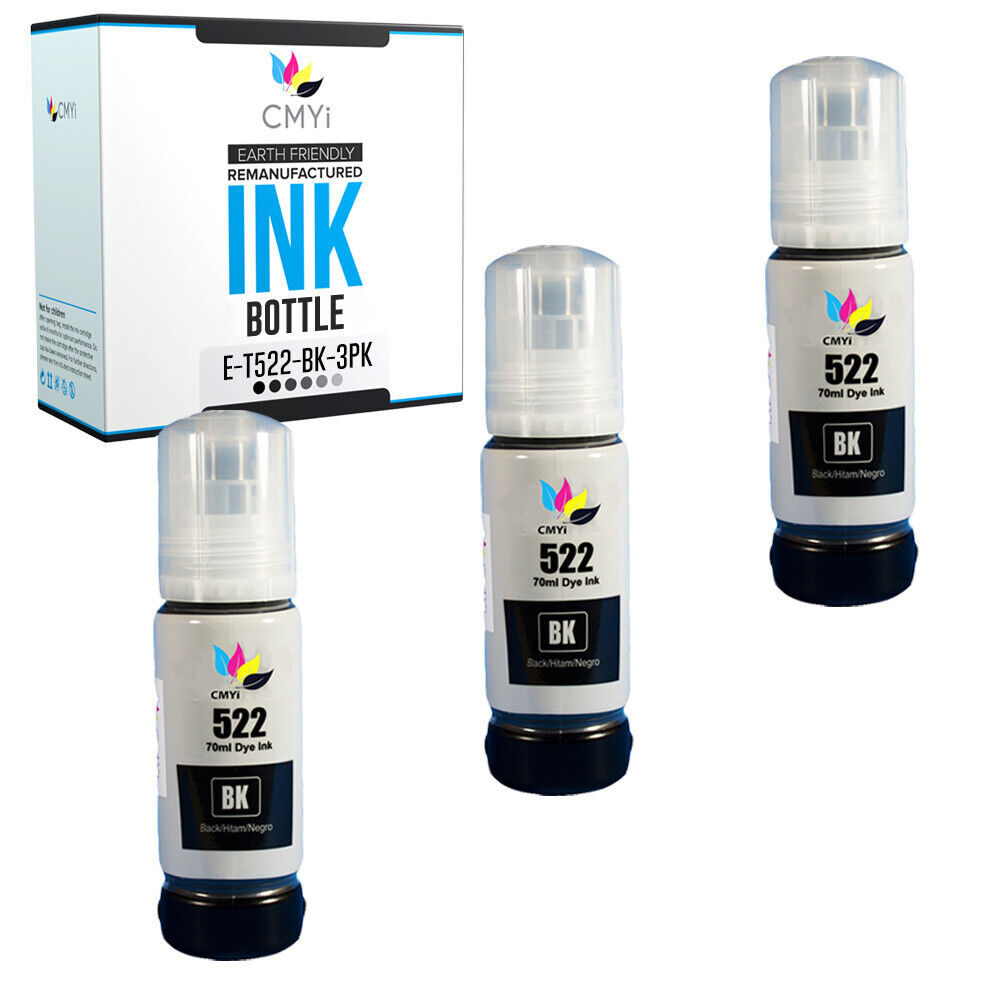 3PK Black 522 Ink Bottle Compatible for Epson T522 Fits EcoTank ET2720 ET4800