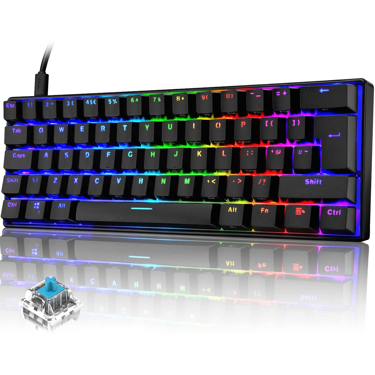 60% Wired 61 Keys UK Layout Mini Mechanical Gaming Keyboard Rainbow RGB Backlit