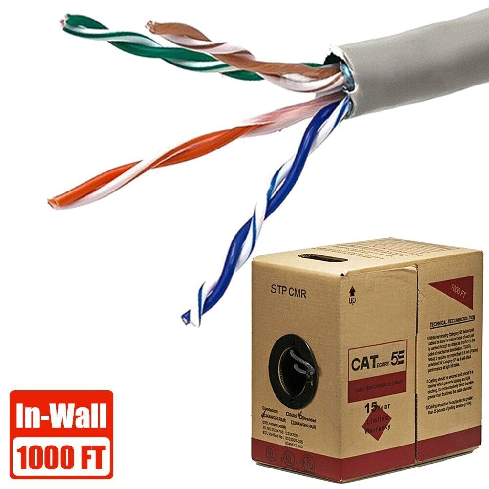 1000FT Cat5E Ethernet Network STP Shielded Cable In-Wall Stranded Wire Bulk Gray