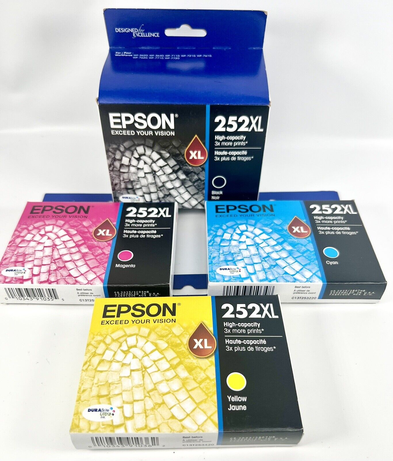 Genuine Epson 252XL Ink Cartridges Black and Tricolor CMYK Lot of 4 All XL NEW