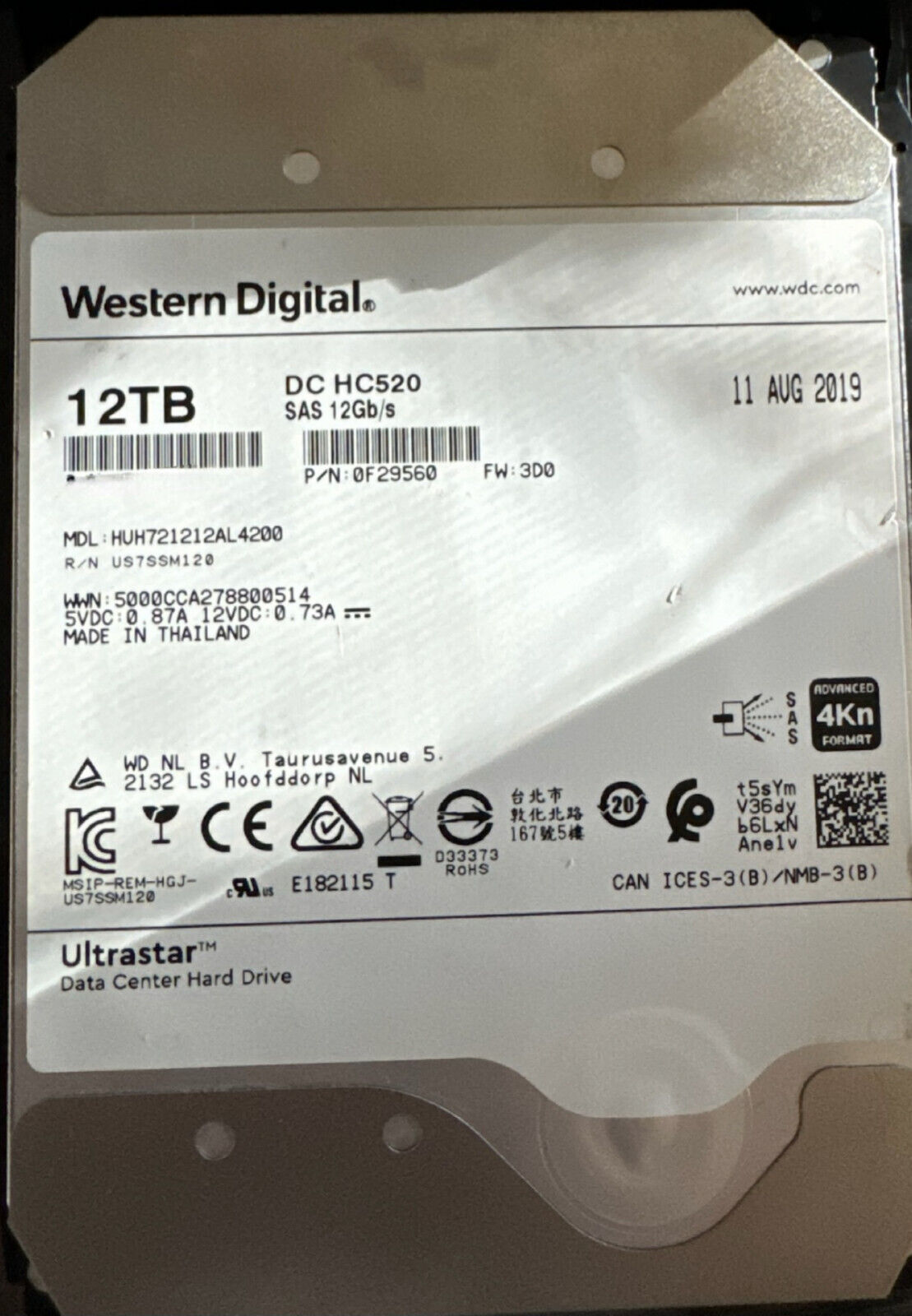 WD Ultrastar DC HC520 | HUH721212AL4200 (0F29560) | 12TB 7200 RPM  | SAS | NAS