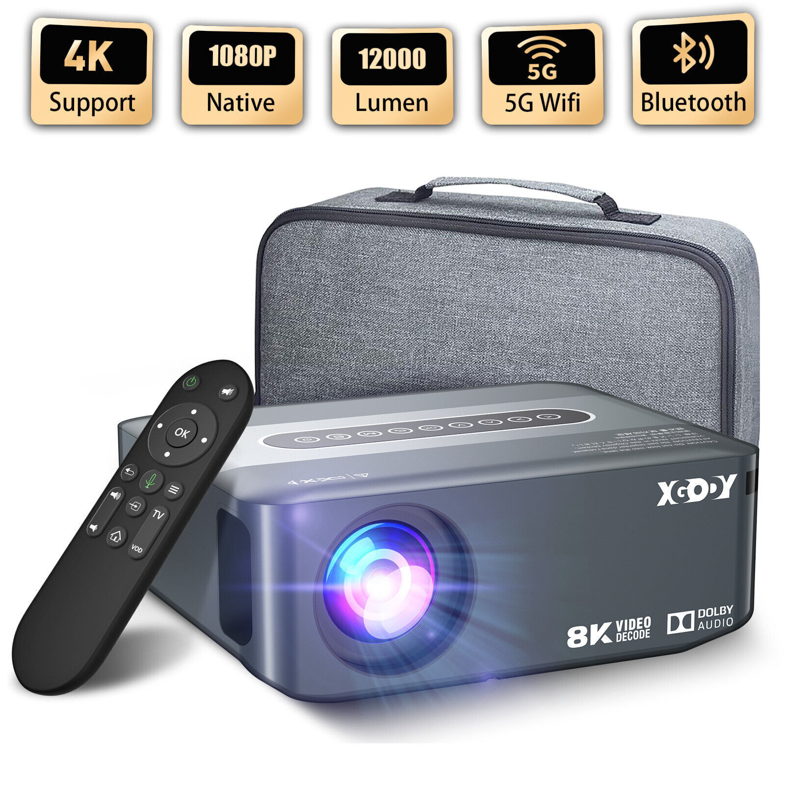 XGODY 4K Bluetooth Projector WIFI USB Home Theater Outdoor Movie Bundle with Bag