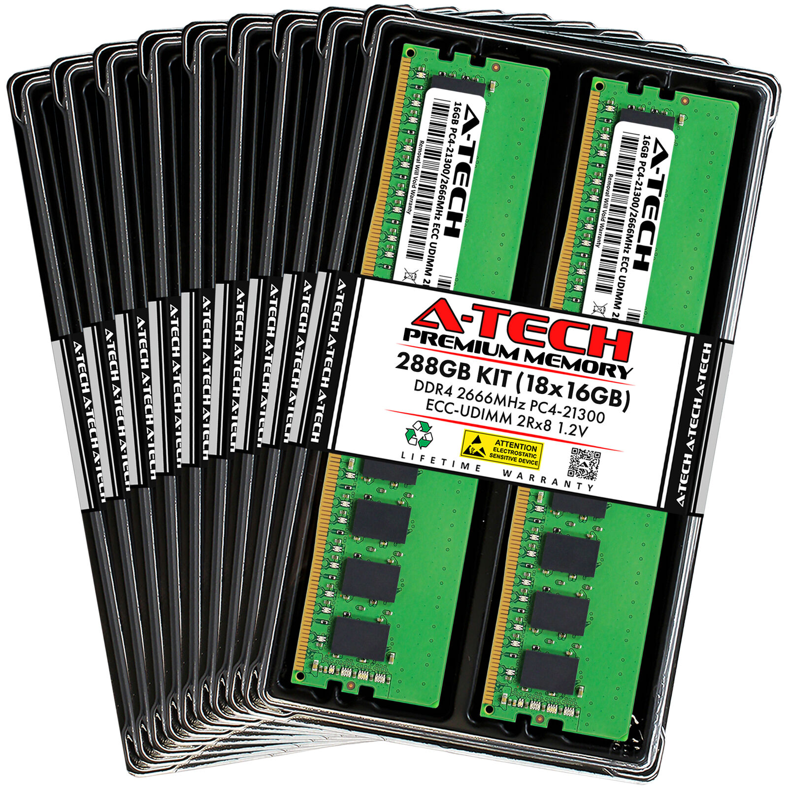 A-Tech 288GB 18x 16GB 2Rx8 PC4-21300E DDR4 2666 MHz ECC UDIMM Server Memory RAM