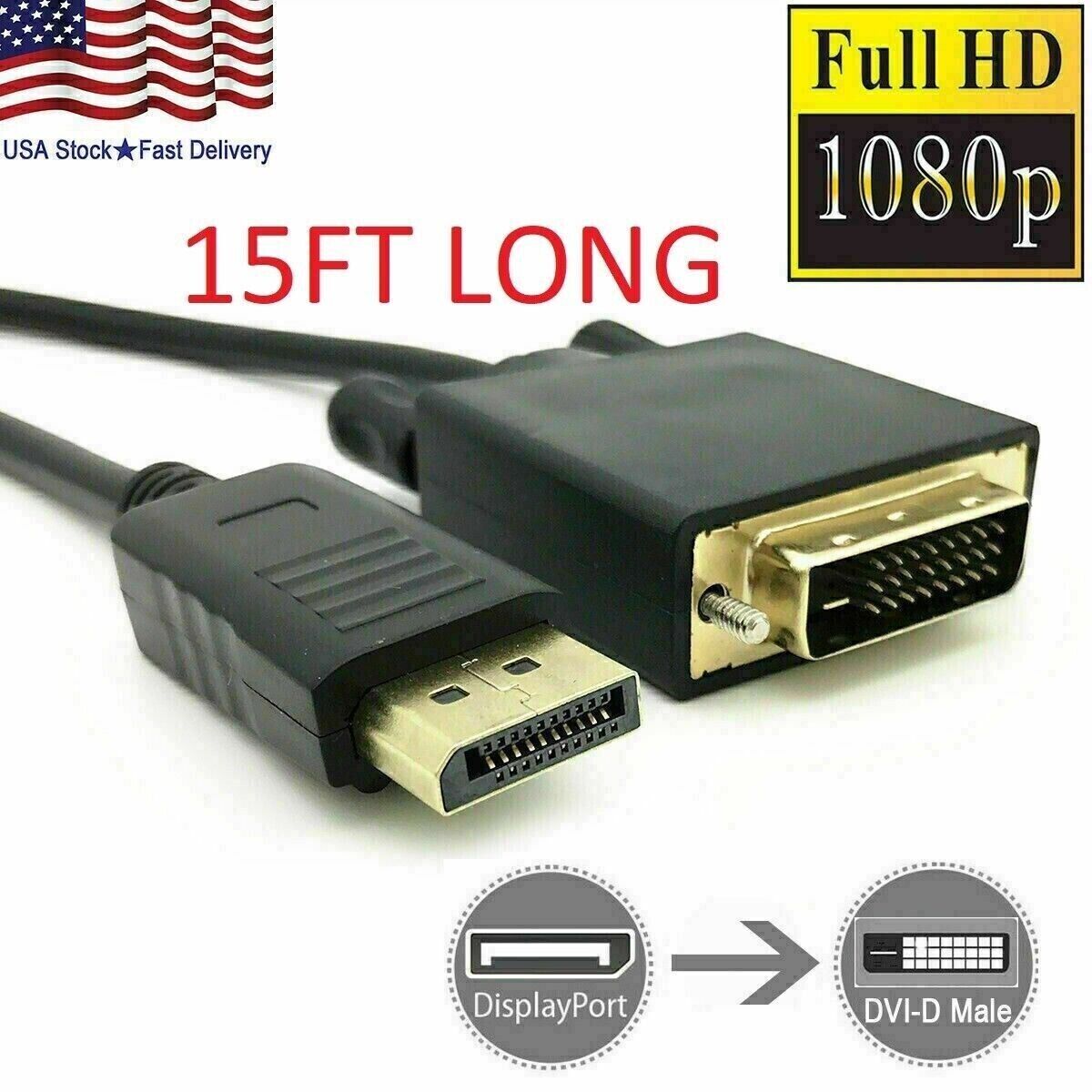 10x 15FT Display Port DP to DVI-D 24+1 Dual Video Cable 1080P Adapter Gold Plate