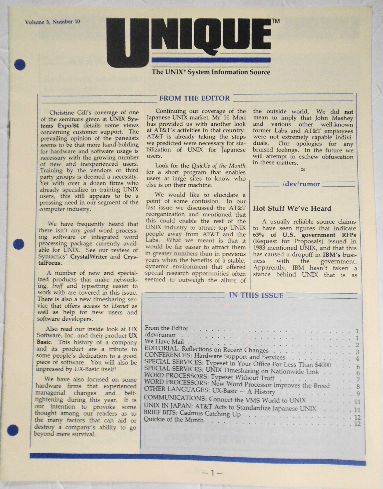 UNIQUE,  Vol. 3, No.  10, 1984 - The UNIX System Information Source.