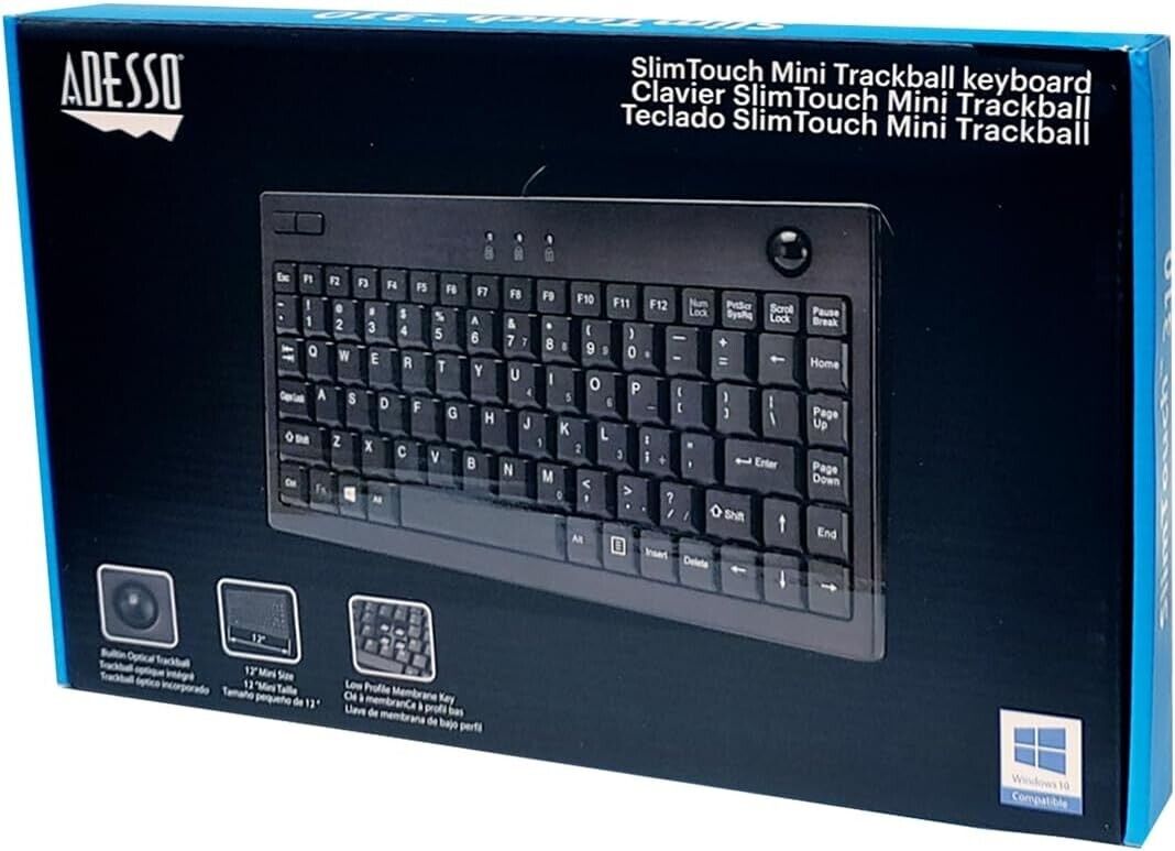Adesso AKB-310UB, Slim Touch Mini Trackball USB Keyboard, Black, New, 