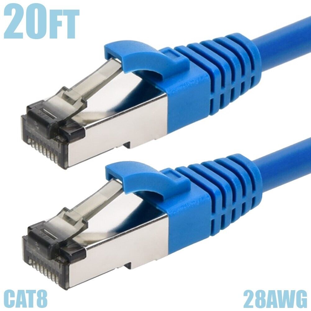 20FT CAT8 RJ45 Network LAN Ethernet S/FTP Cable Shielded Copper Wire 28AWG Blue