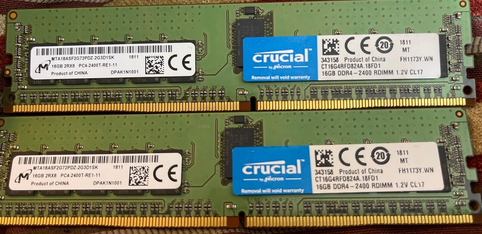 Lot Of 2 Micron/Crucial 16GB 2Rx8 PC4-2400T Server Memory 32GB Total