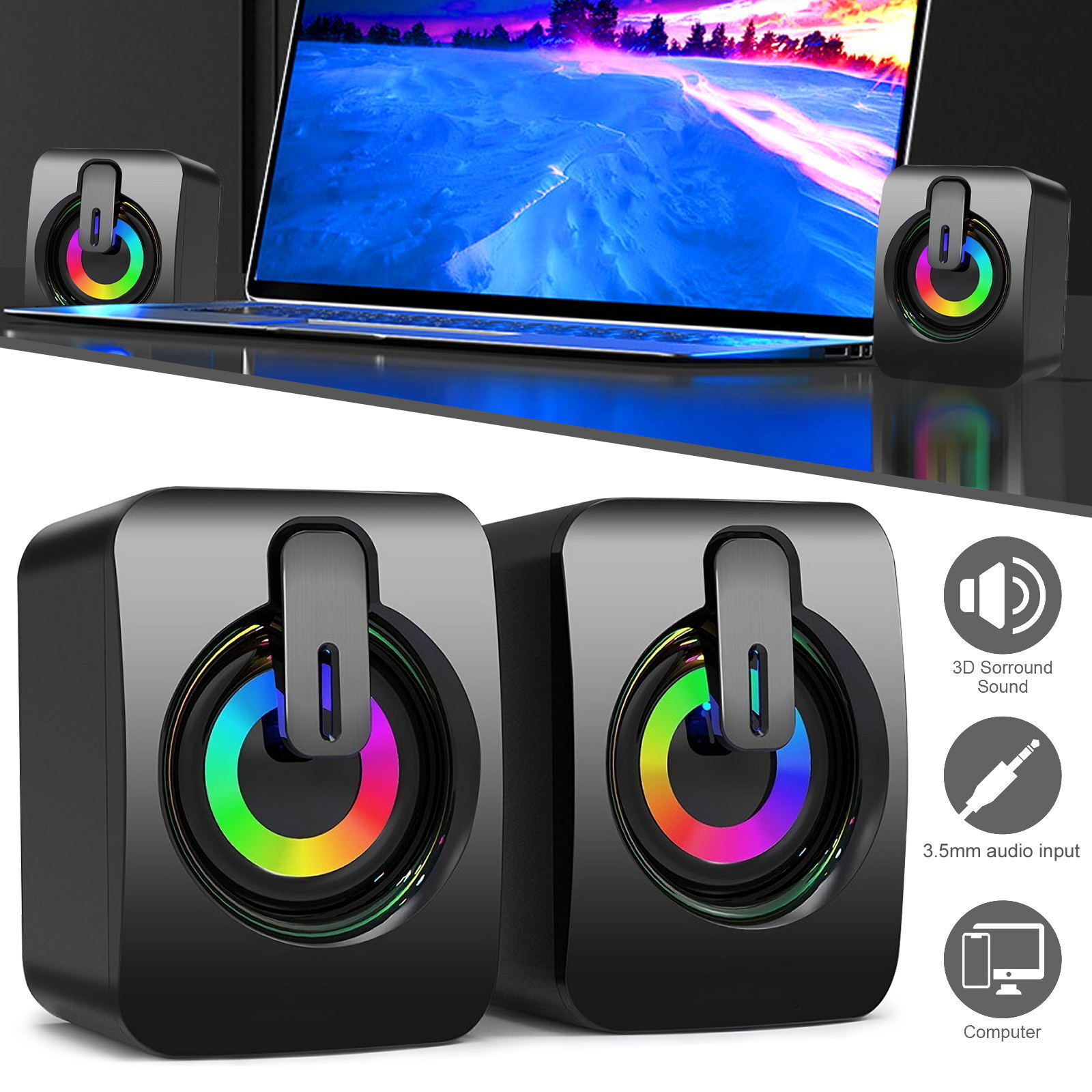 RGB 7 Color Wired Computer Speakers 3.5mm USB Powered Stereo Bass for PC Desktop