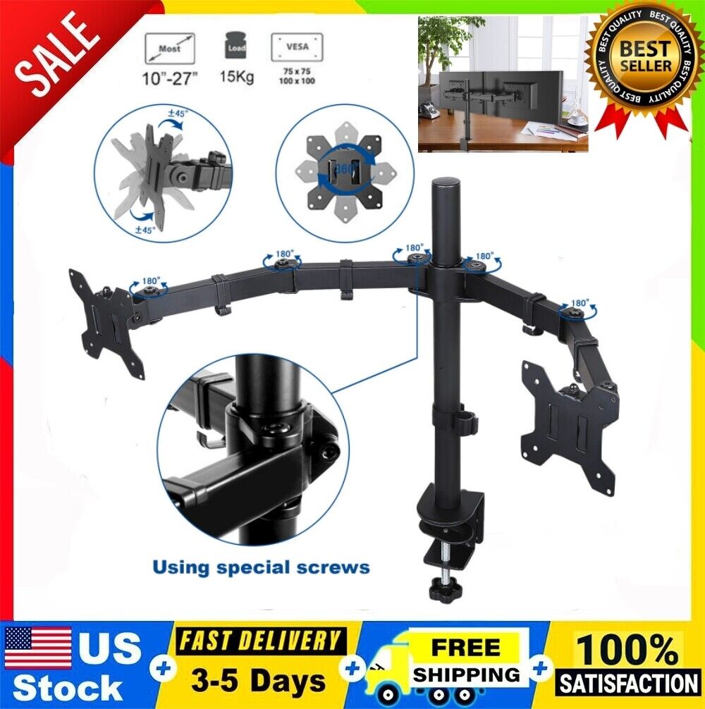 DOUBLE TWIN ARM DESK MOUNT BRACKET LCD COMPUTER MONITOR STAND 10”-27” SCREEN TV